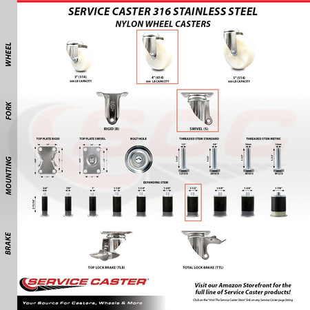 Service Caster 4 Inch 316SS Nylon Wheel Swivel 1-1/2 Inch Expanding Stem Caster SCC-SS316EX20S414-NYS-112